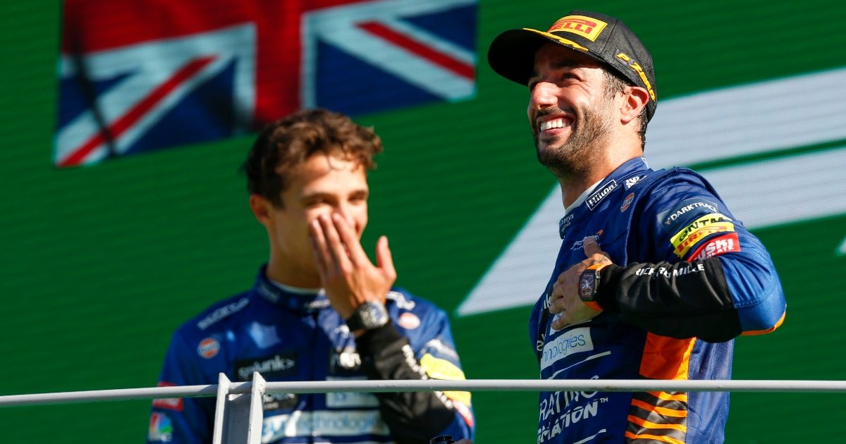 Daniel Ricciardo and Lando Norris celebrate on the podium. Italy September 2021