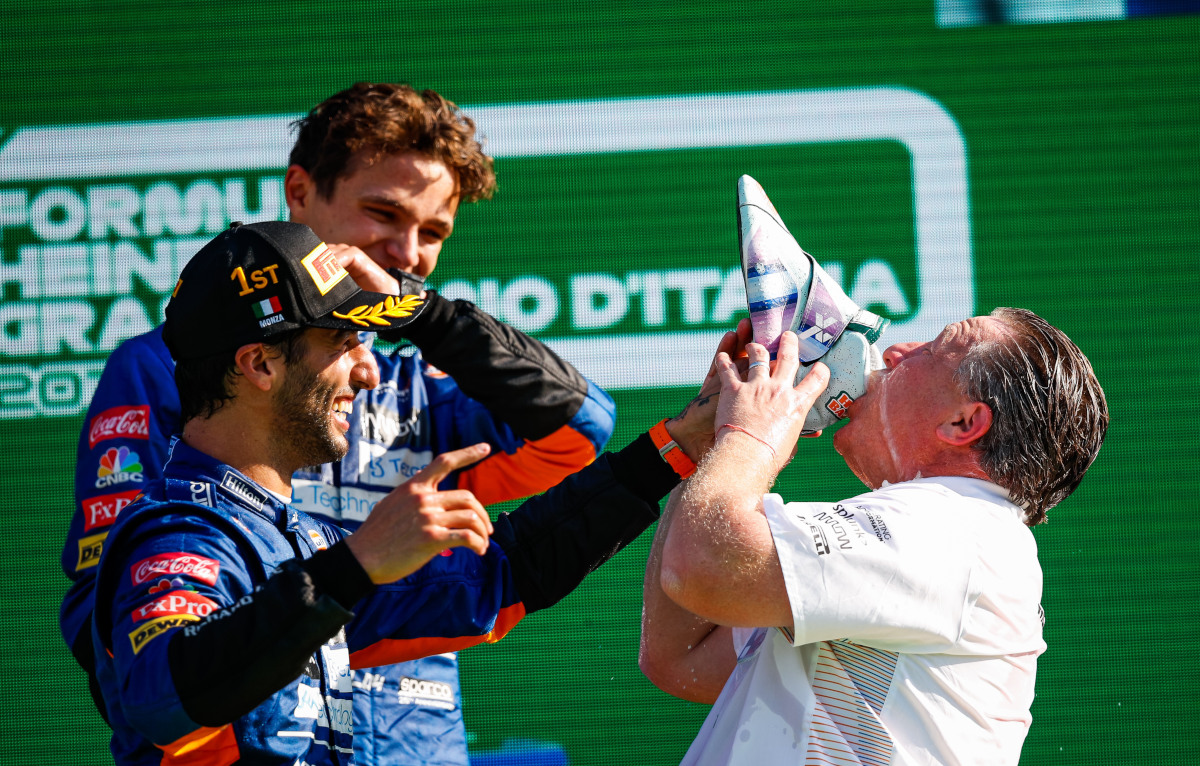 Zak Brown takes a shoey with Daniel Ricciardo. Italy September 2021