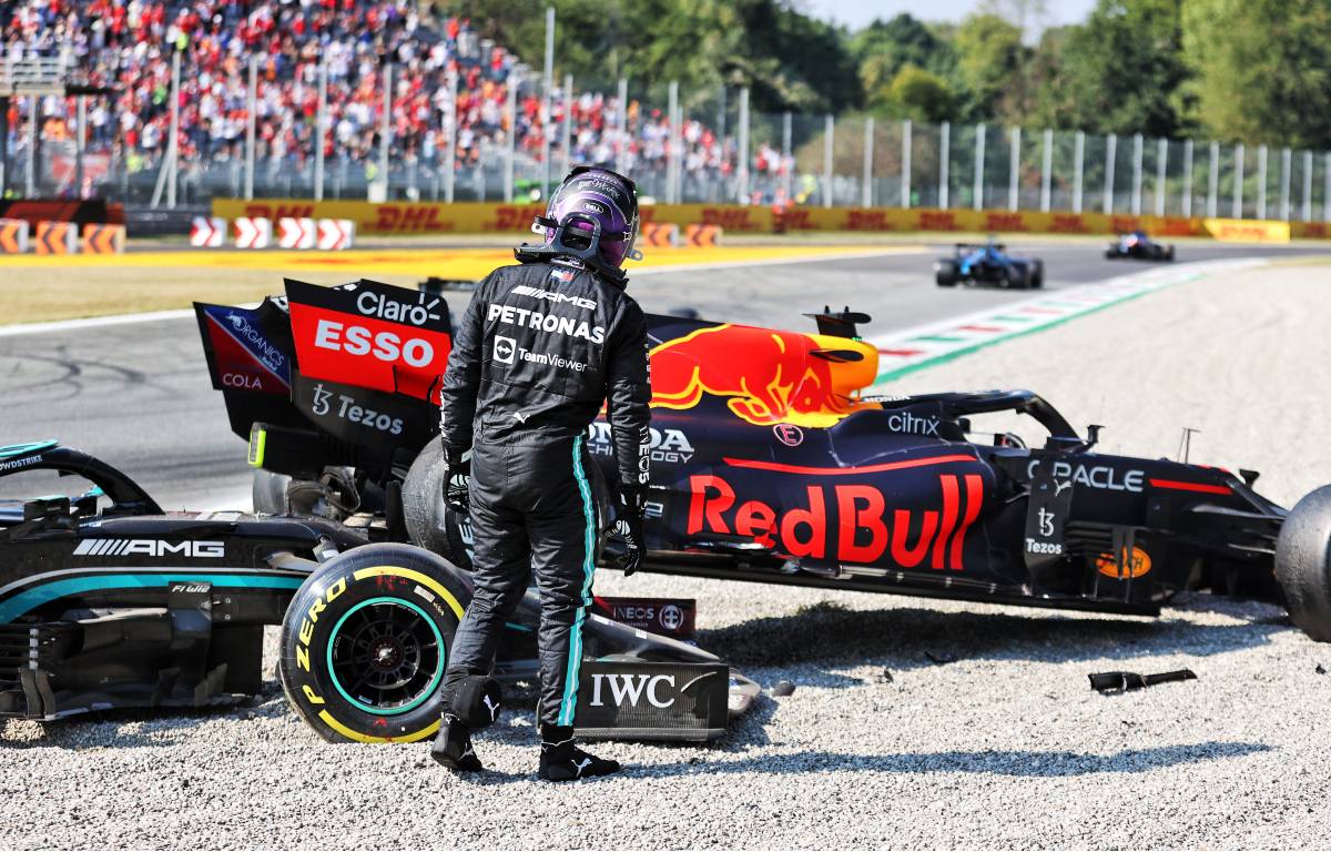 Lewis Hamilton at the scene of his crash with Max Verstappen during the Italian GP. Monza September 2021.