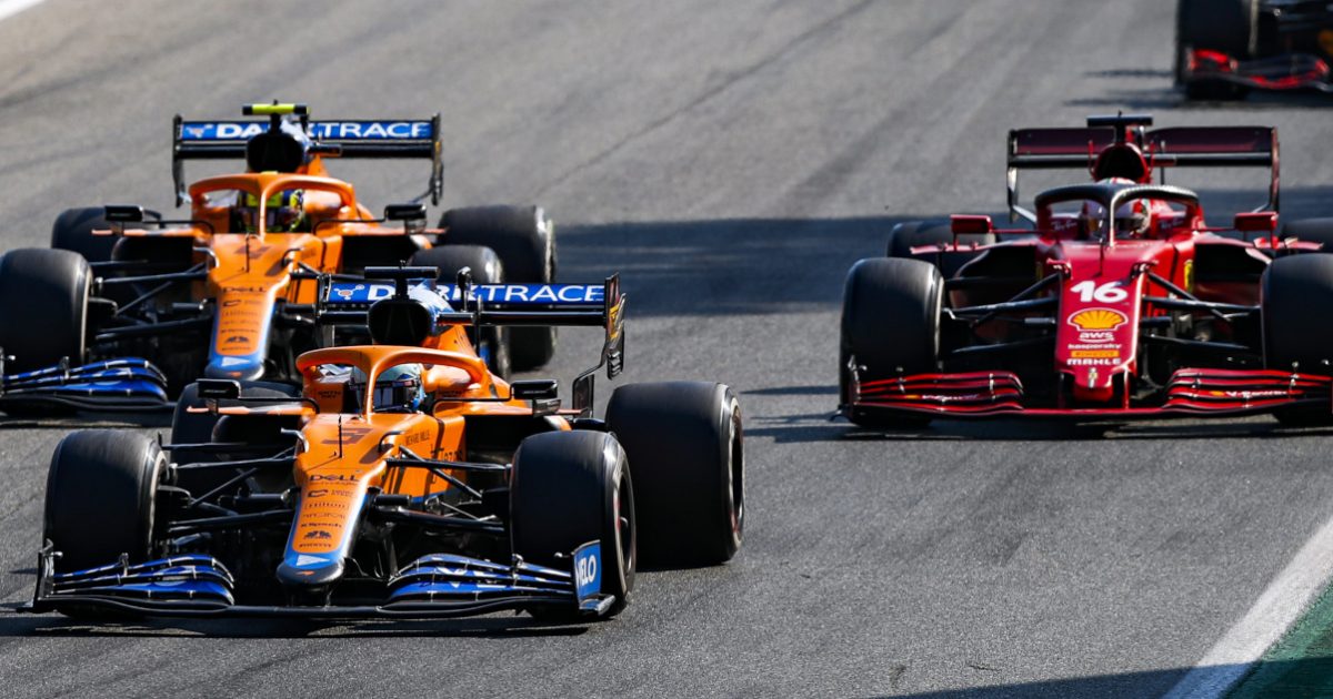 Daniel Ricciardo leads Lando Norris and Charles Leclerc. Italy September 2021