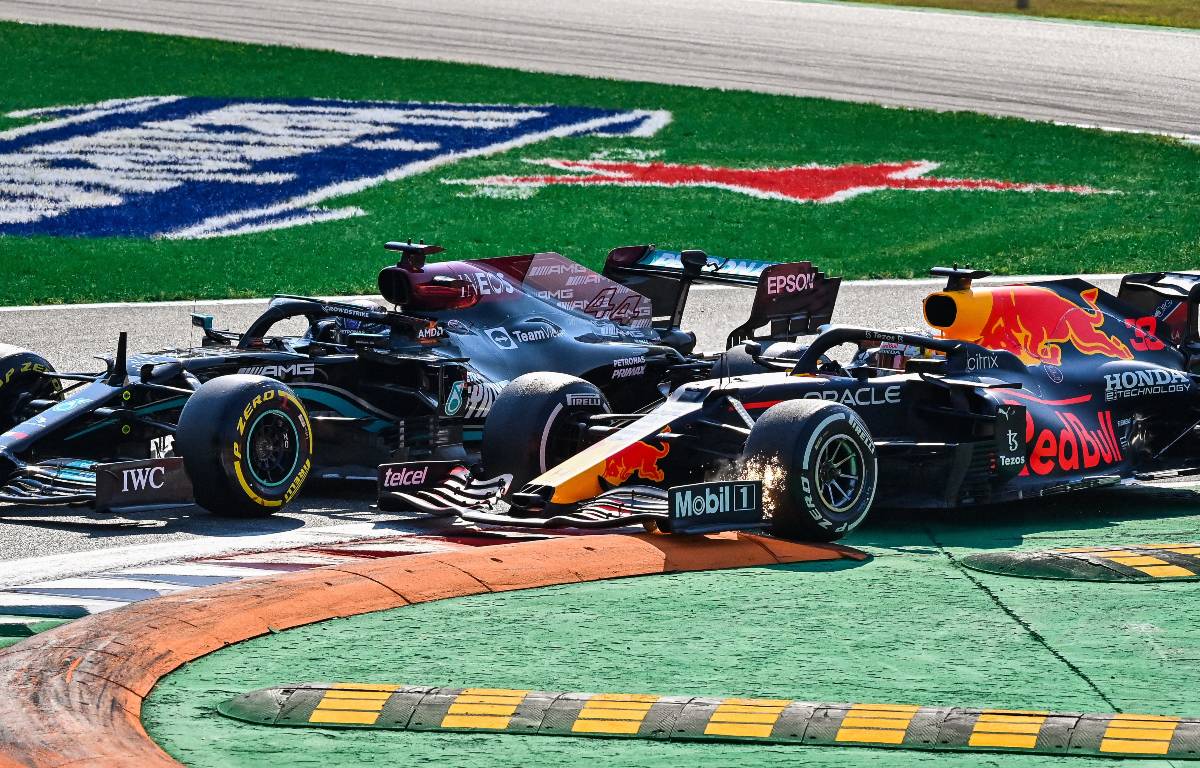 Max Verstappen goes over the sausage kerb. Italy, September 2021.