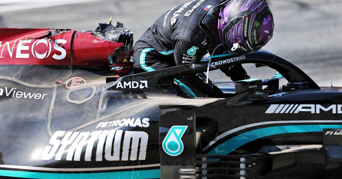 Lewis Hamilton exits his damaged Mercedes. Italy, September 2021.