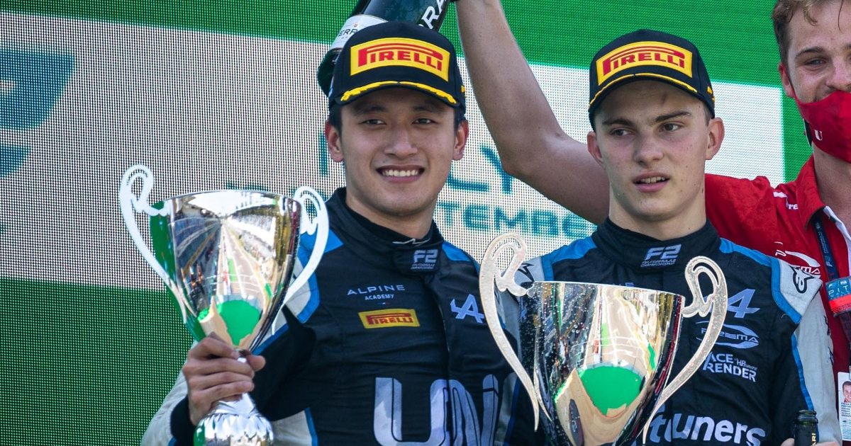 Alpine junior drivers Oscar Piastri and Guanyu Zhou Formula 2 podium. Italy September 2021