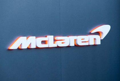 The McLaren F1 team logo. Spain, February 2020.