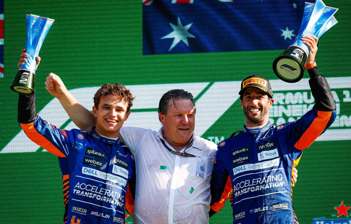 意大利GP之后Lando Norris，Zak Brown和Daniel Ricciardo。Monza 9月2021年9月。
