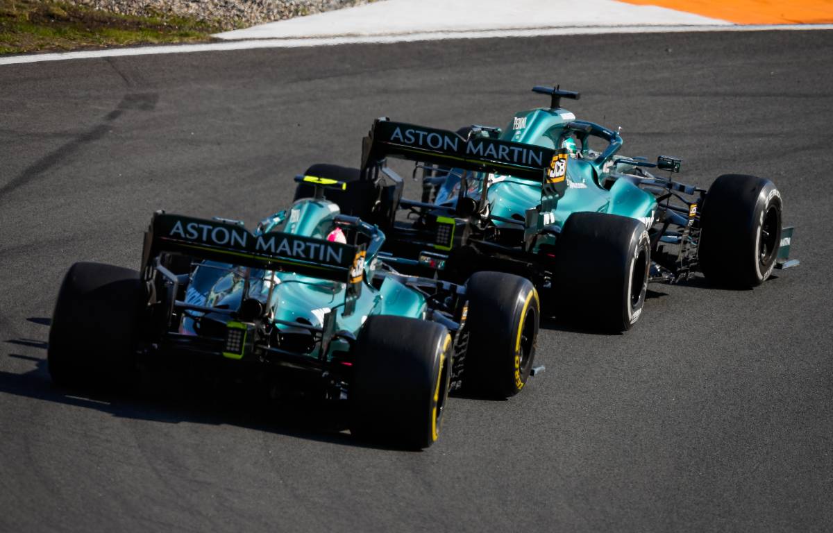 Aston Martin's Sebastian Vettel and Lance Stroll during the Dutch GP. Zandvoort September 2021.