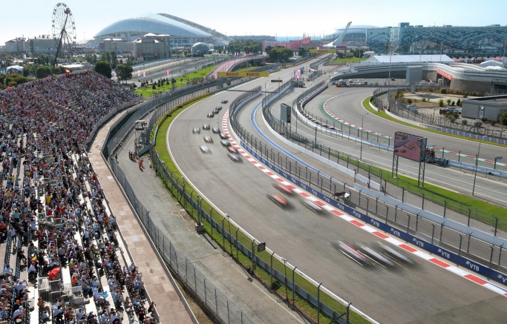 Cars race at the 2020 Russian Grand Prix. Russia September 2020