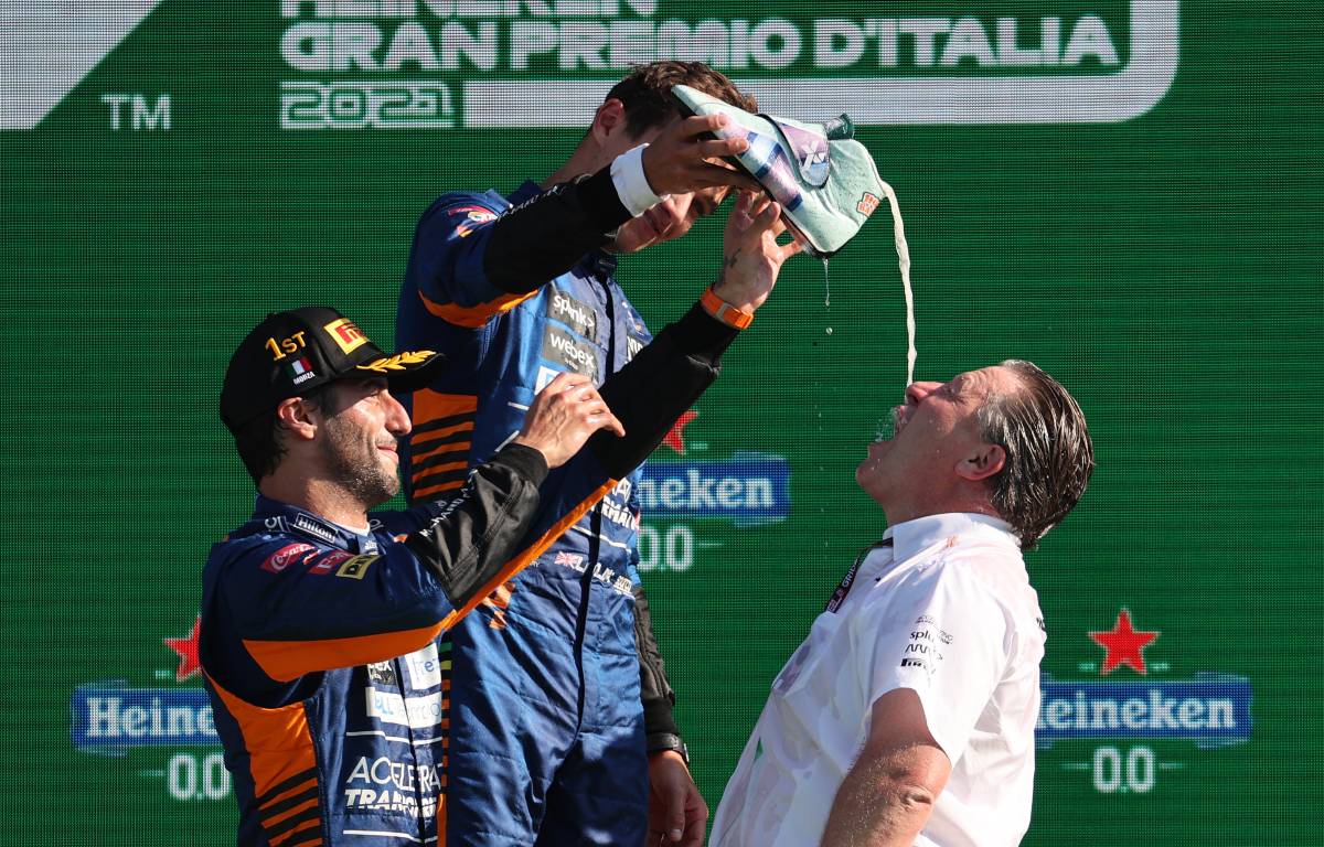McLaren Racing CEO Zak Brown partakes in a shoey. Italy, September 2021.