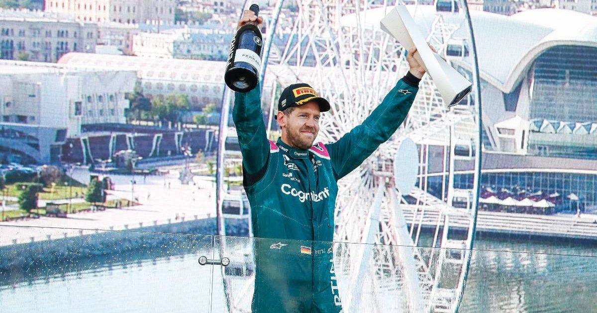 Sebastian Vettel celebrates after finishing second in the Azerbaijan GP. Baku June 2021.