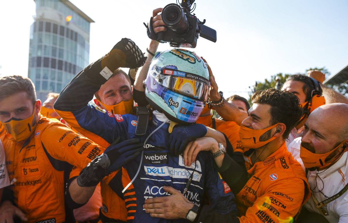 Daniel Ricciardo and McLaren celebrate winning the Italian GP. September 2021.