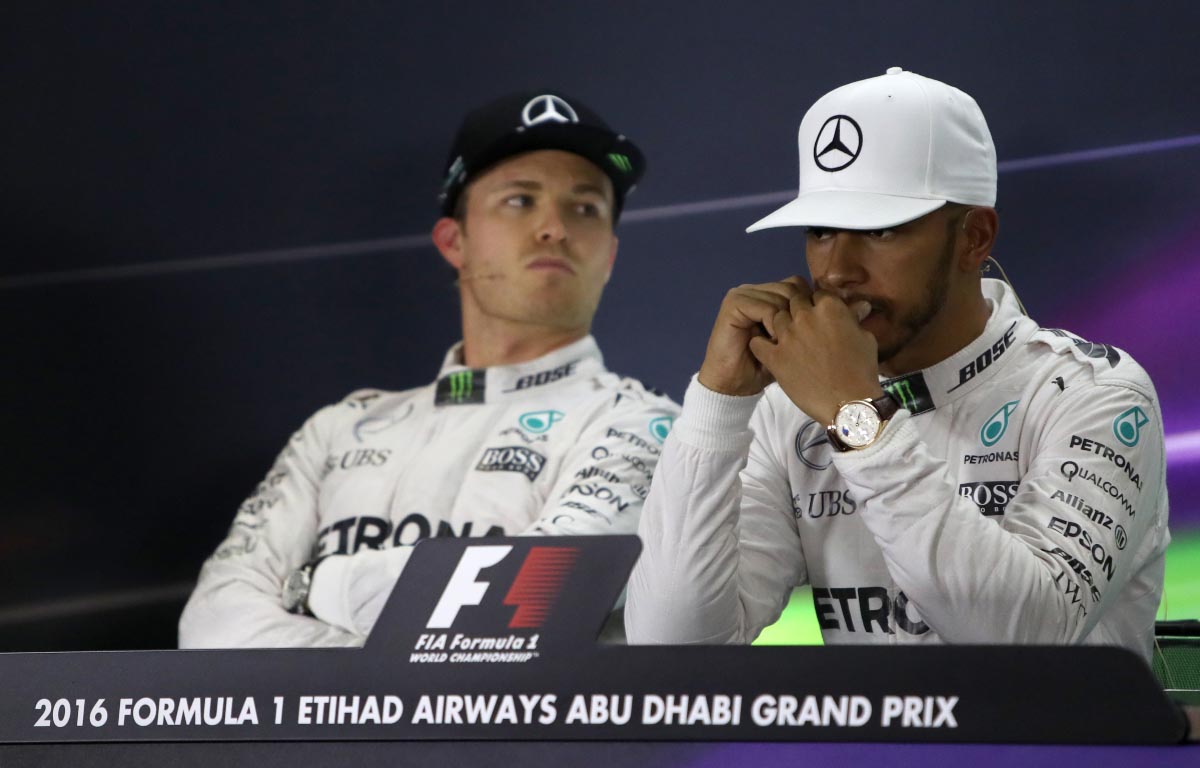 Nico Rosberg and Lewis Hamilton's post-race press conference in Abu Dhabi. 2016.