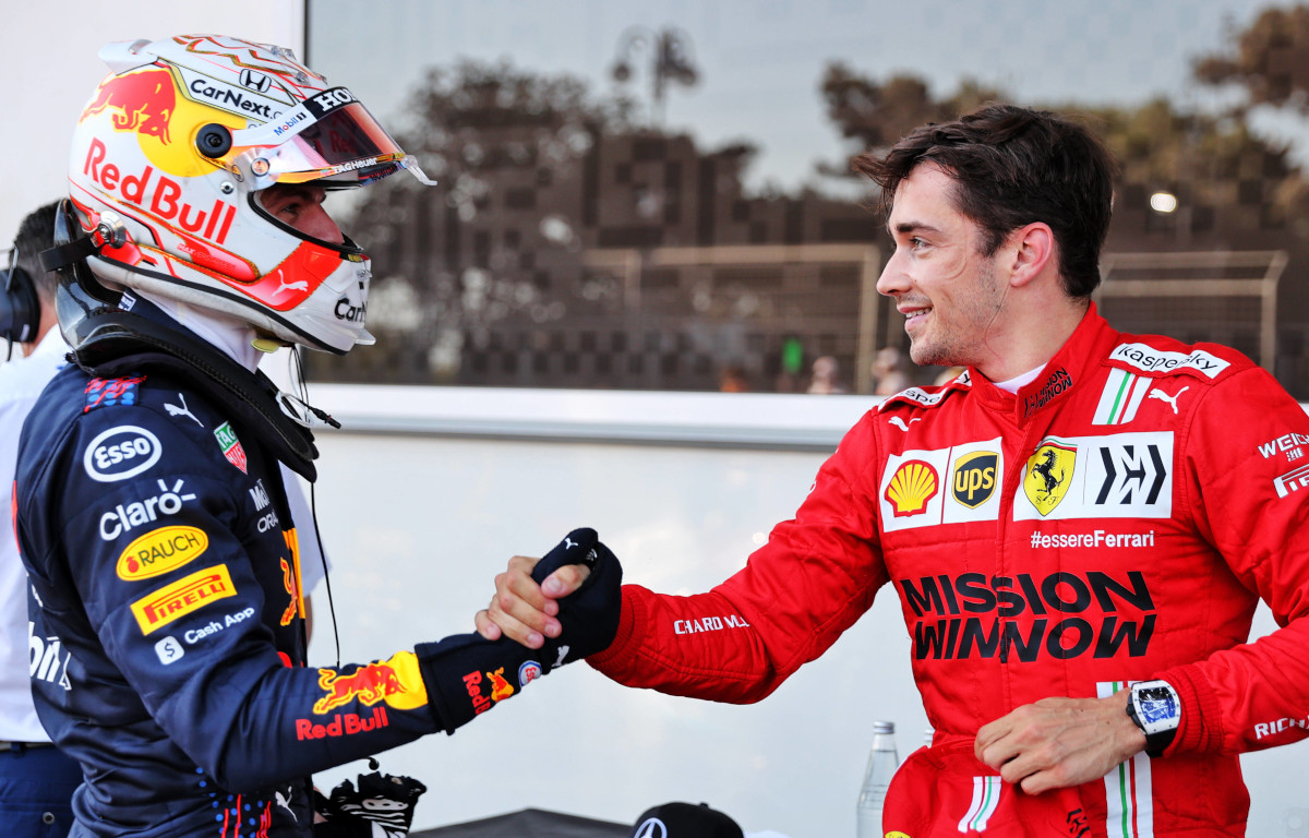 Max Verstappen and Charles Leclerc shake hands. Monaco June 2021