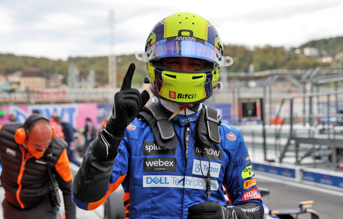 Lando Norris celebrates pole for the Russian Grand Prix. September 2021.