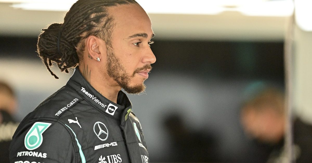 A stern-faced Lewis Hamilton in the Mercedes garage. Russia, September 2021.
