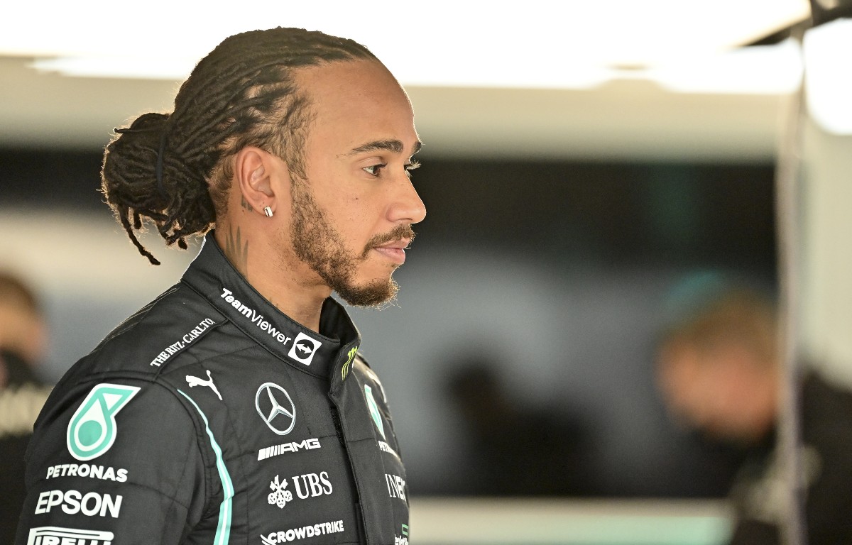 A stern-faced Lewis Hamilton in the Mercedes garage. Russia, September 2021.