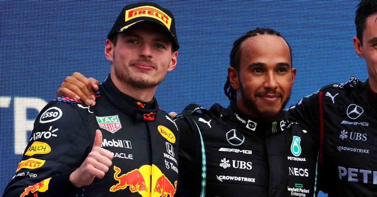 Max Verstappen and Lewis Hamilton on the podium at Sochi.