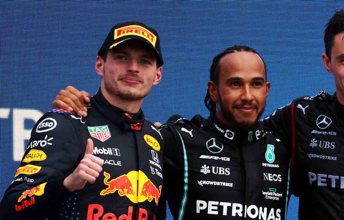 Max Verstappen and Lewis Hamilton on the podium at Sochi.