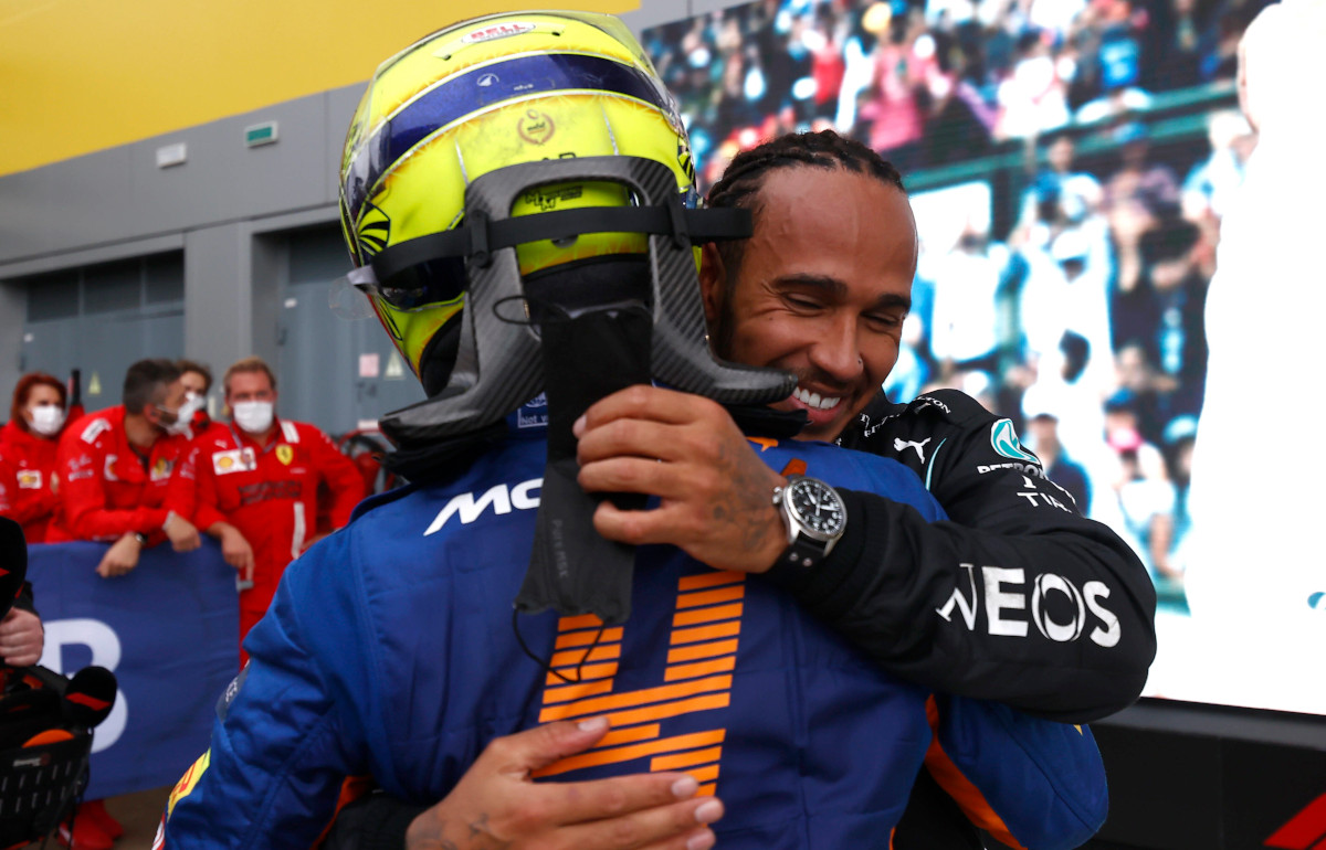 Lewis Hamilton hugs Lando Norris. Russia September 2021
