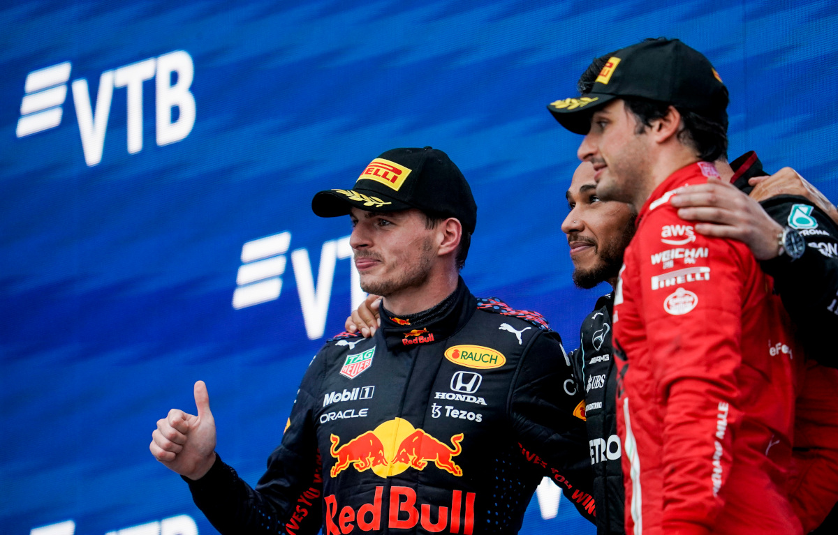 Max Verstappen on the podium with Carlos Sainz. Russia September 2021