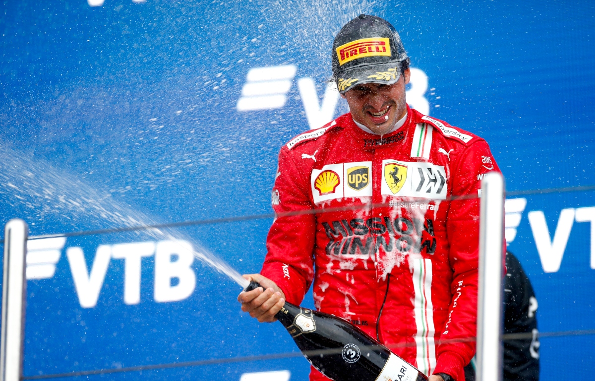 Carlos Sainz celebrating on the podium. Russia September 2021