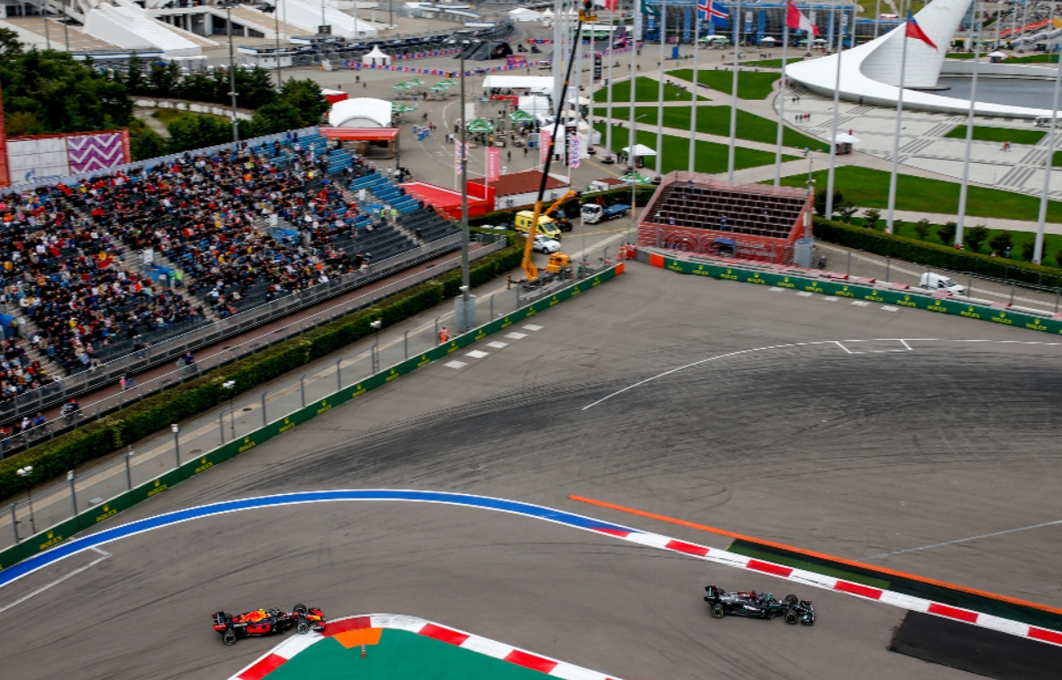 Sergio Perez and Lewis Hamilton racing at Sochi. Russia September 2021
