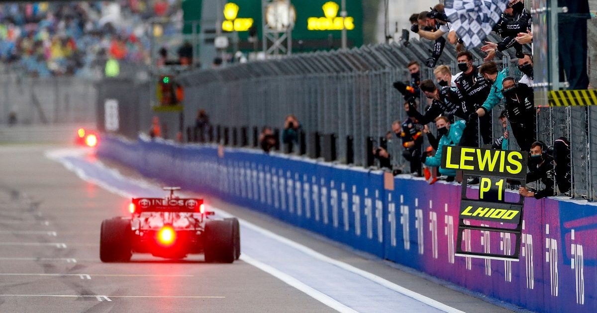 Lewis Hamilton crosses the line to win in Sochi. Russia September 2021