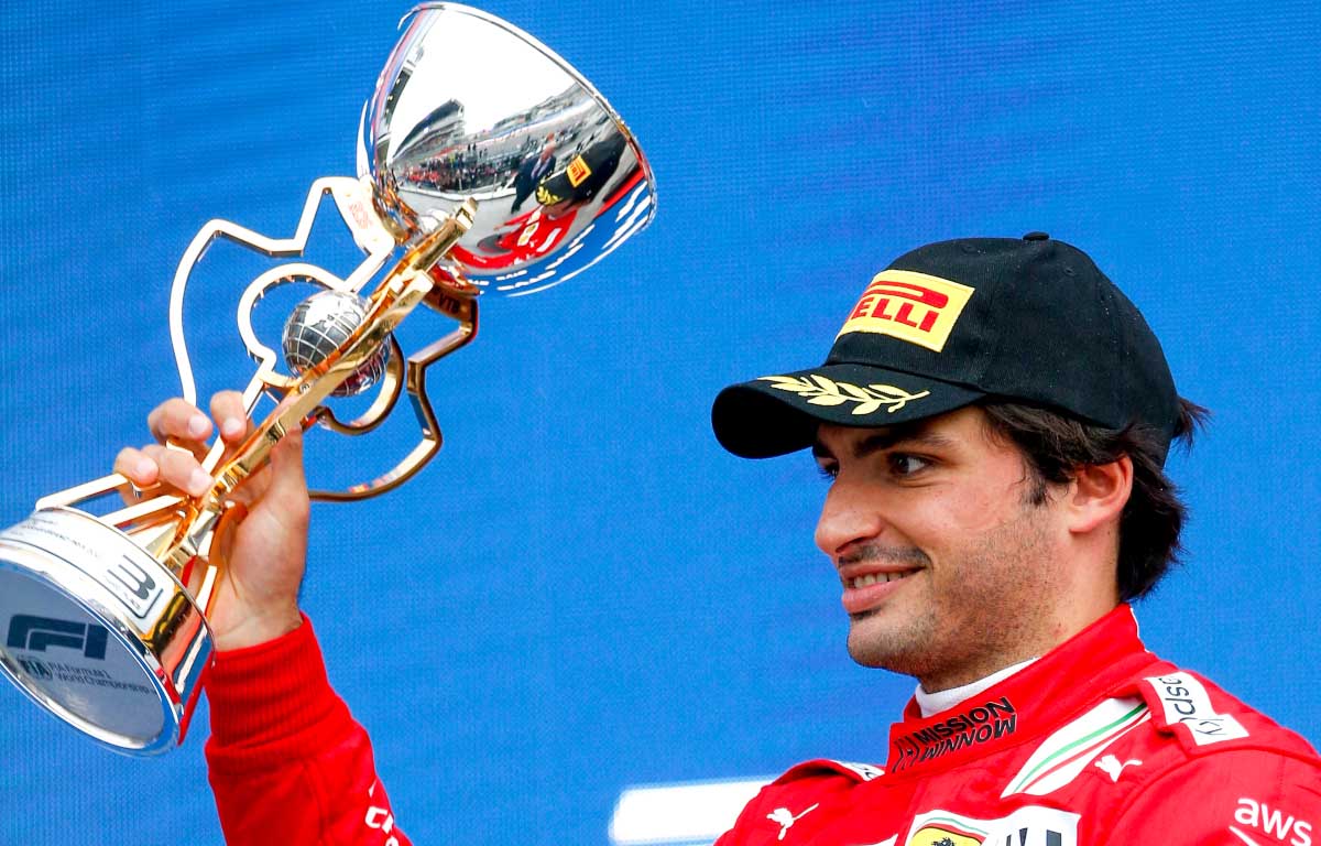 Ferrari driver Carlos Sainz on the podium in Sochi.