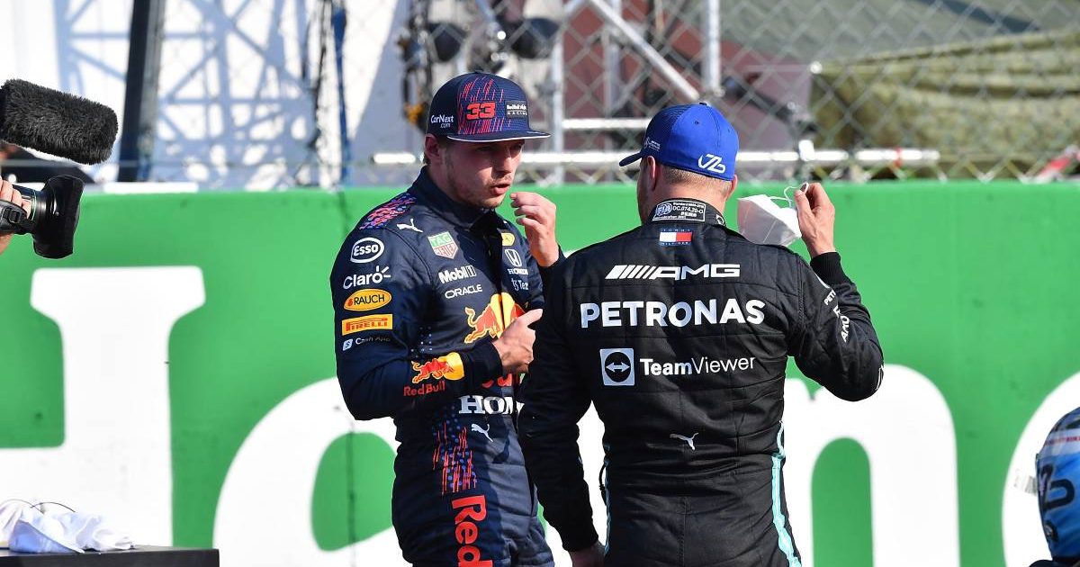 Max Verstappen talks to Valtteri Bottas at the Italian GP. Monza September 2021.