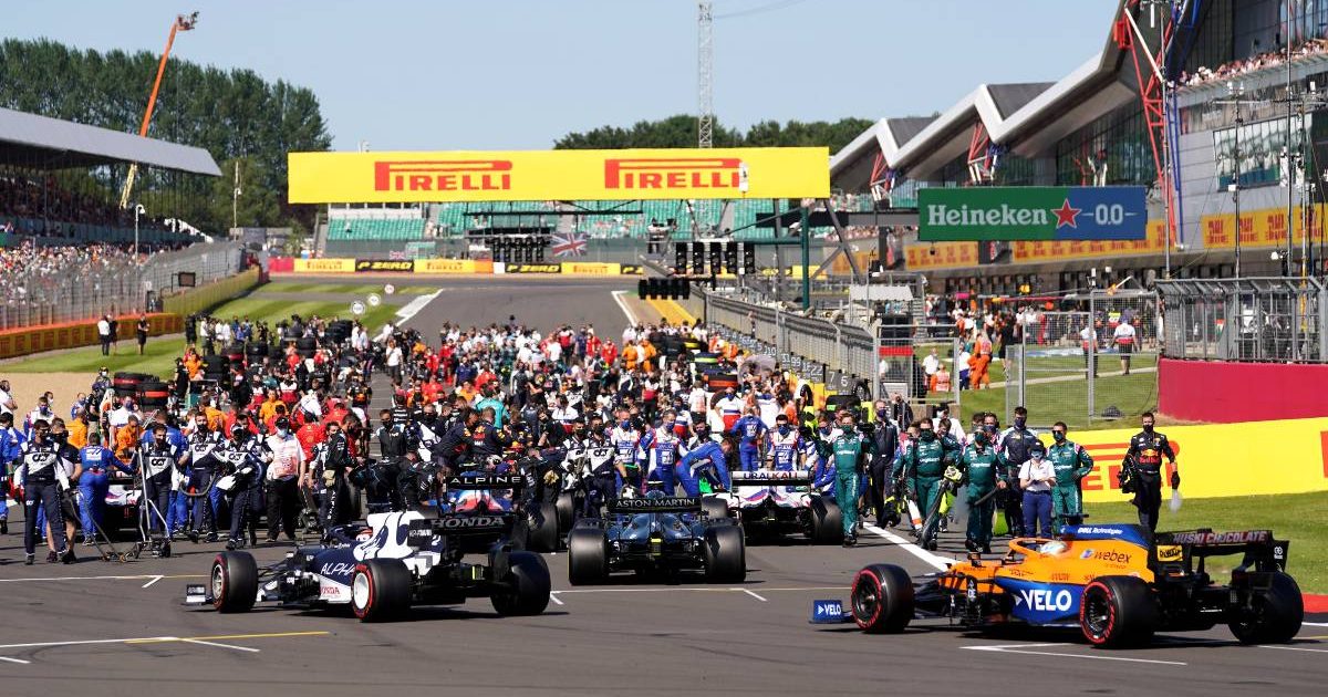 Cars arrive on the grid at the Formula 1 British GP. Silverstone July 2021.
