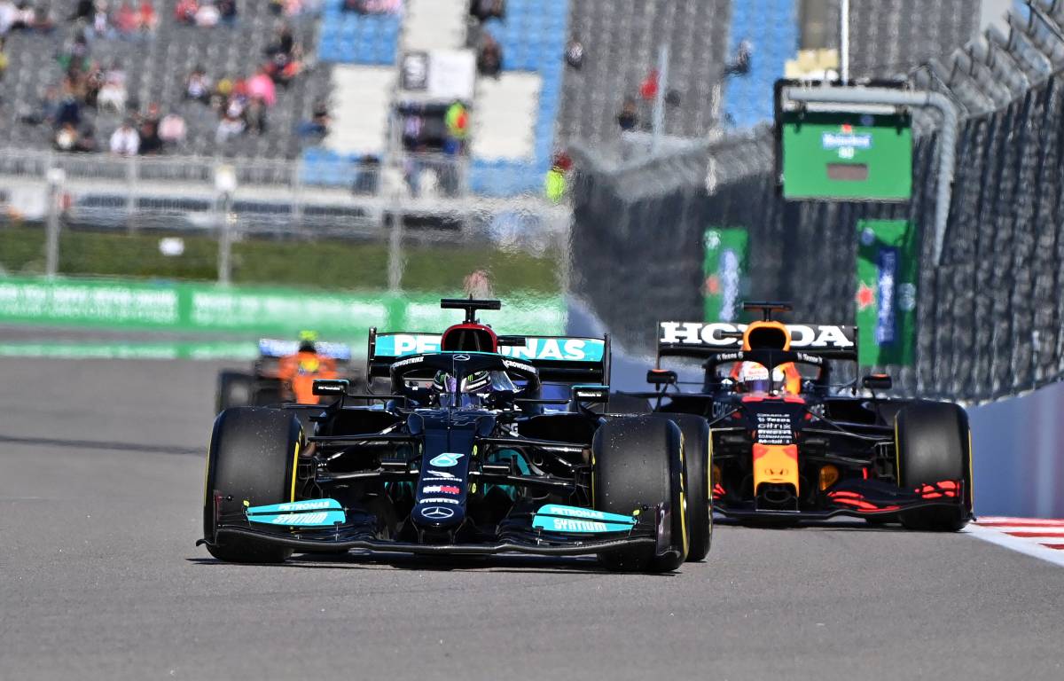 Lewis Hamilton ahead of Max Verstappen in practice for the Russian GP. Sochi September 2021.