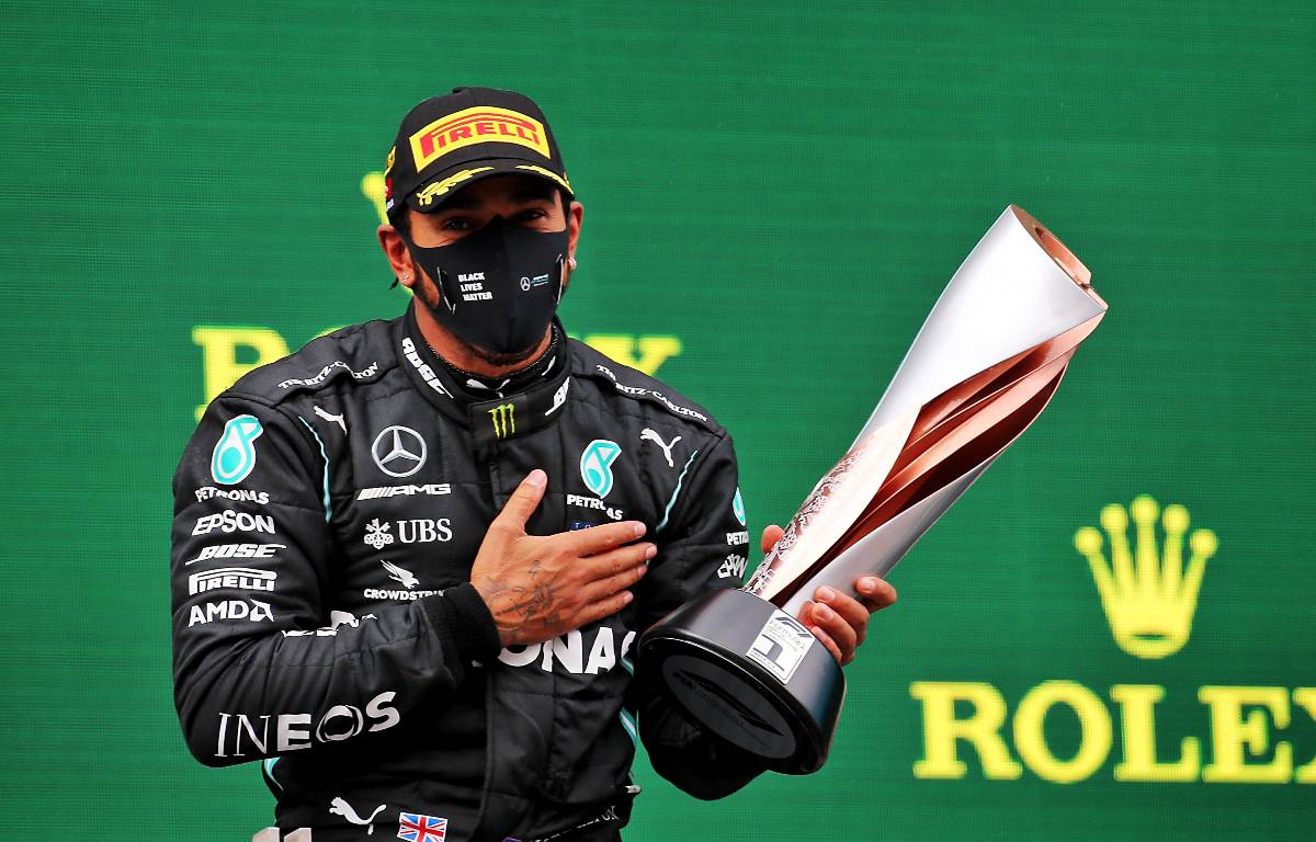 Lewis Hamilton celebrates his victory in Turkey. November 2020.