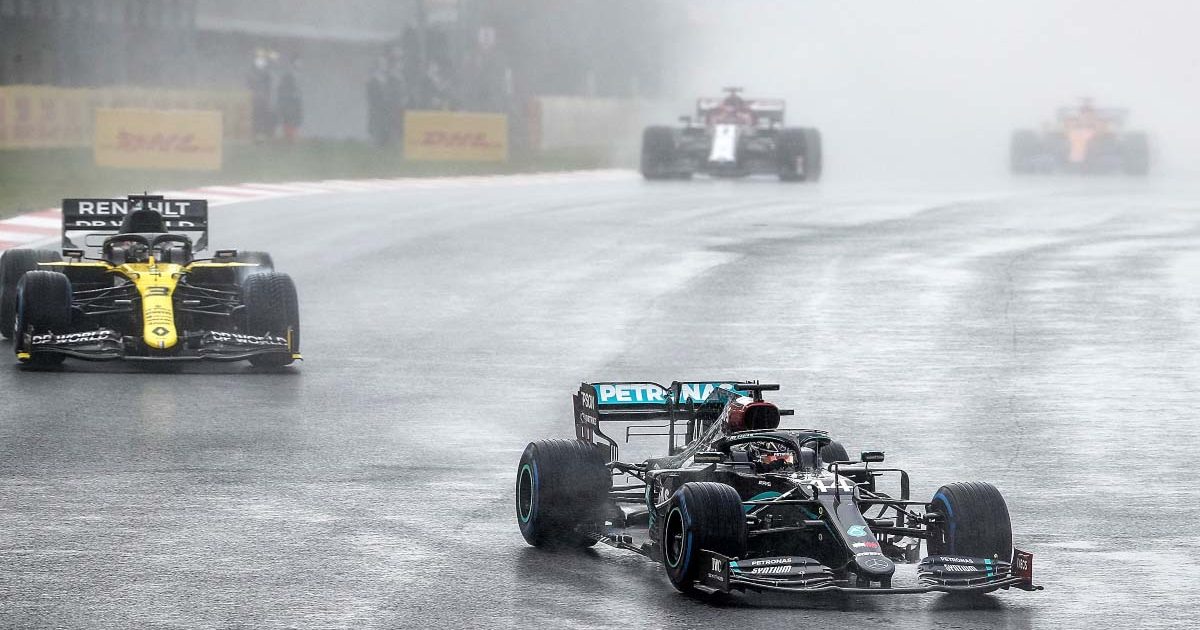 Lewis Hamilton drives in the wet at the 2020 Turkish GP.