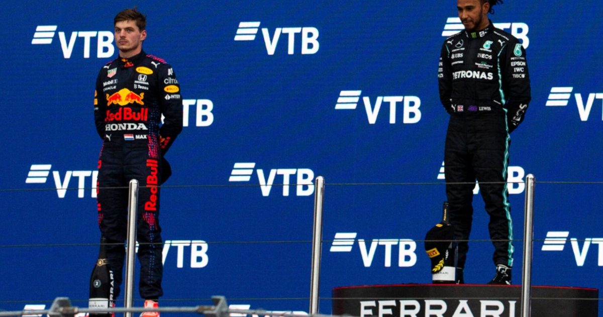 Max Verstappen and Lewis Hamilton on the podium at Sochi. Russia September 2021