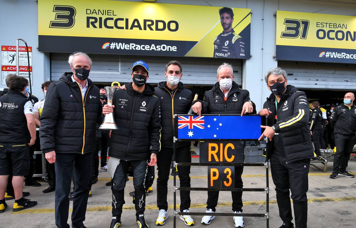 Renault celebrate Daniel Ricciardo's podium finish in the Eifel GP. Nurburgring October 2019.