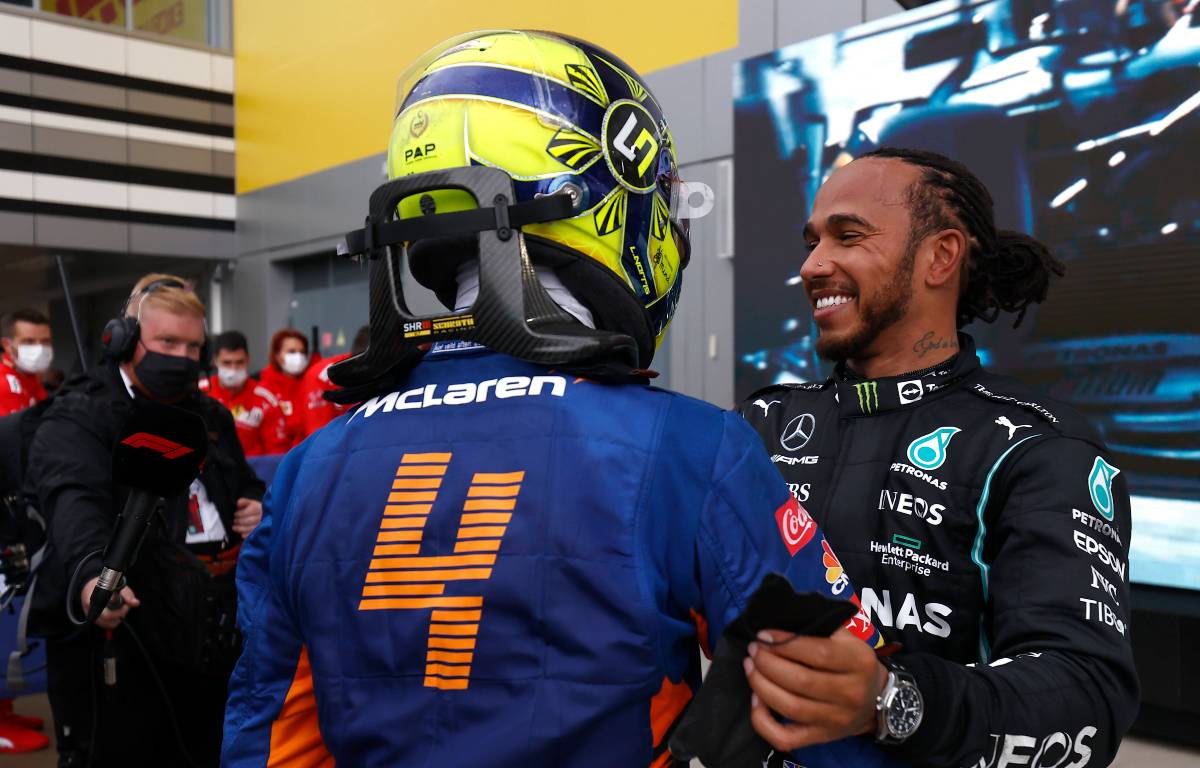 Lewis Hamilton embraces Lando Norris after the Russian GP. Sochi September 2021.