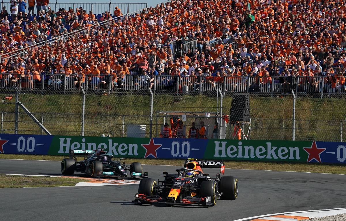 Lewis Hamilton chases Sergio Perez during the Dutch GP. Zandvoort September 2021.