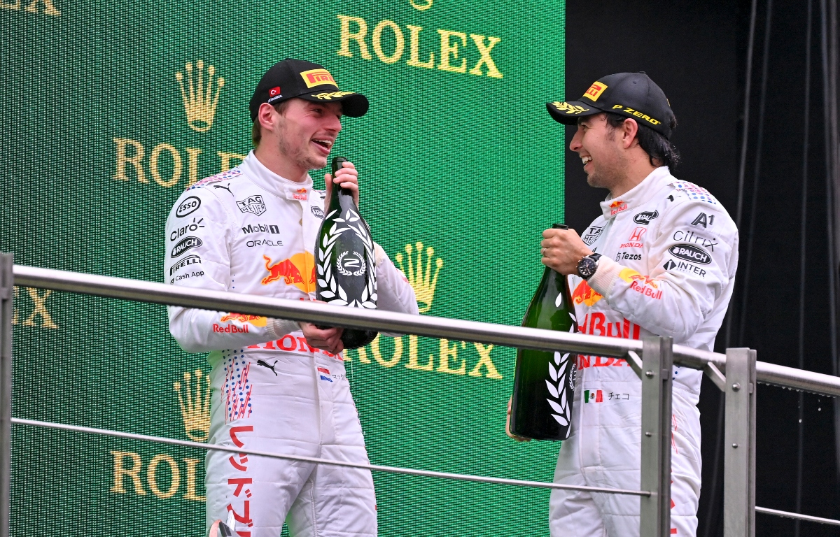 Max Verstappen and Sergio Perez on the podium. Turkey October 2021