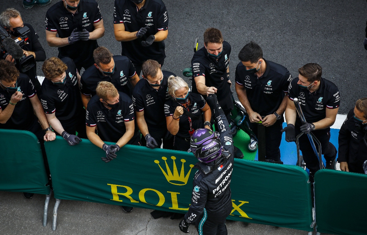 Lewis Hamilton celebrates with his team after claiming pole position. Turkey October 2021