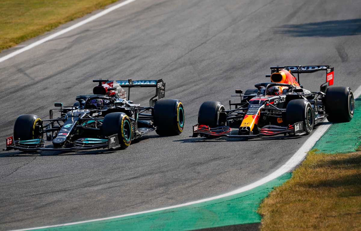 Lewis Hamilton and Max Verstappen side by side at Monza. F1 Italian GP September 2021.