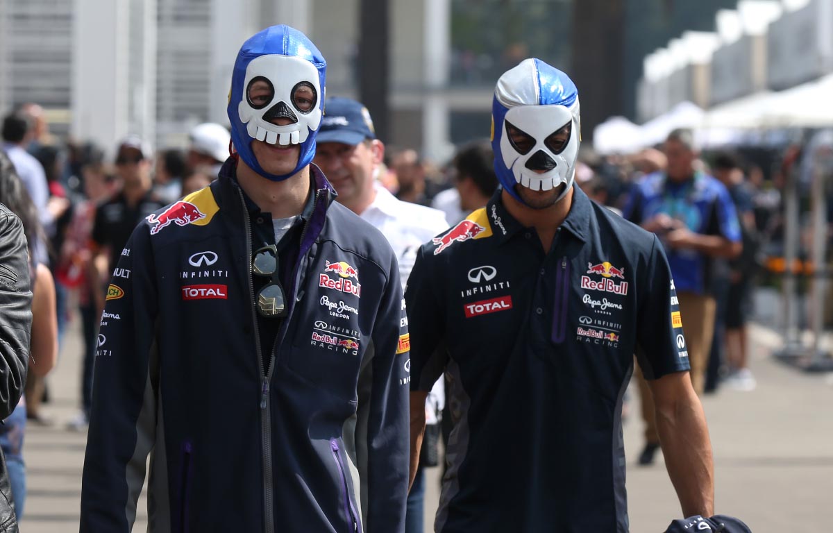 Red Bull drivers Daniel Ricciardo and Daniil Kvyat in masks. Mexico October 2015.