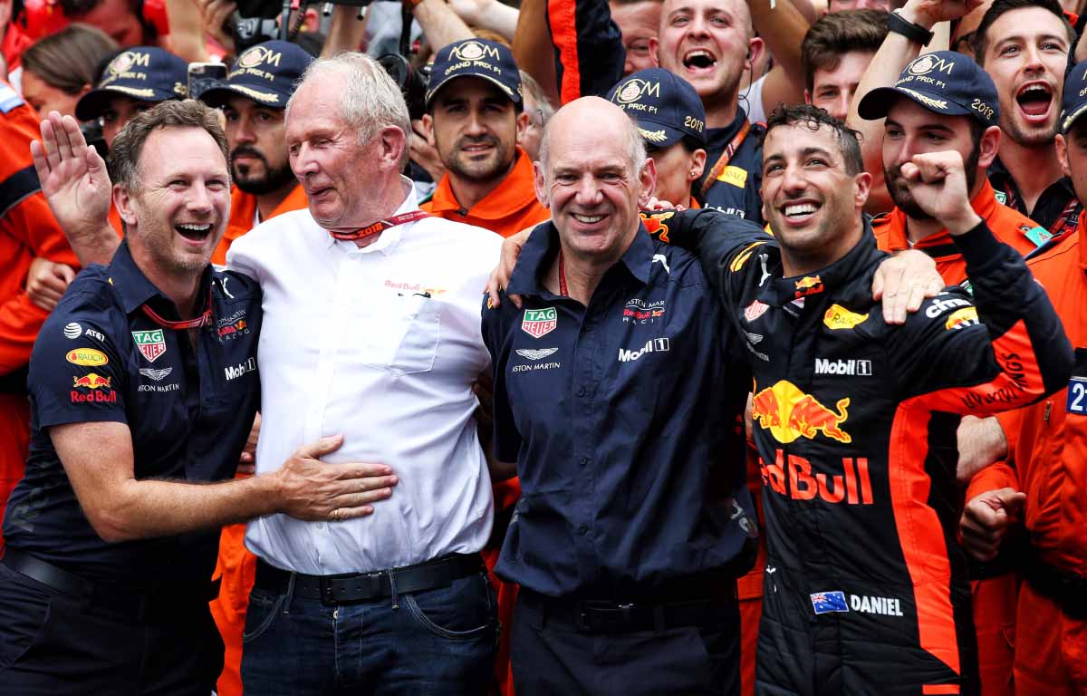 Christian Horner, Helmut Marko, Adrian Newey and Daniel Ricciardo. Monaco May 2018.