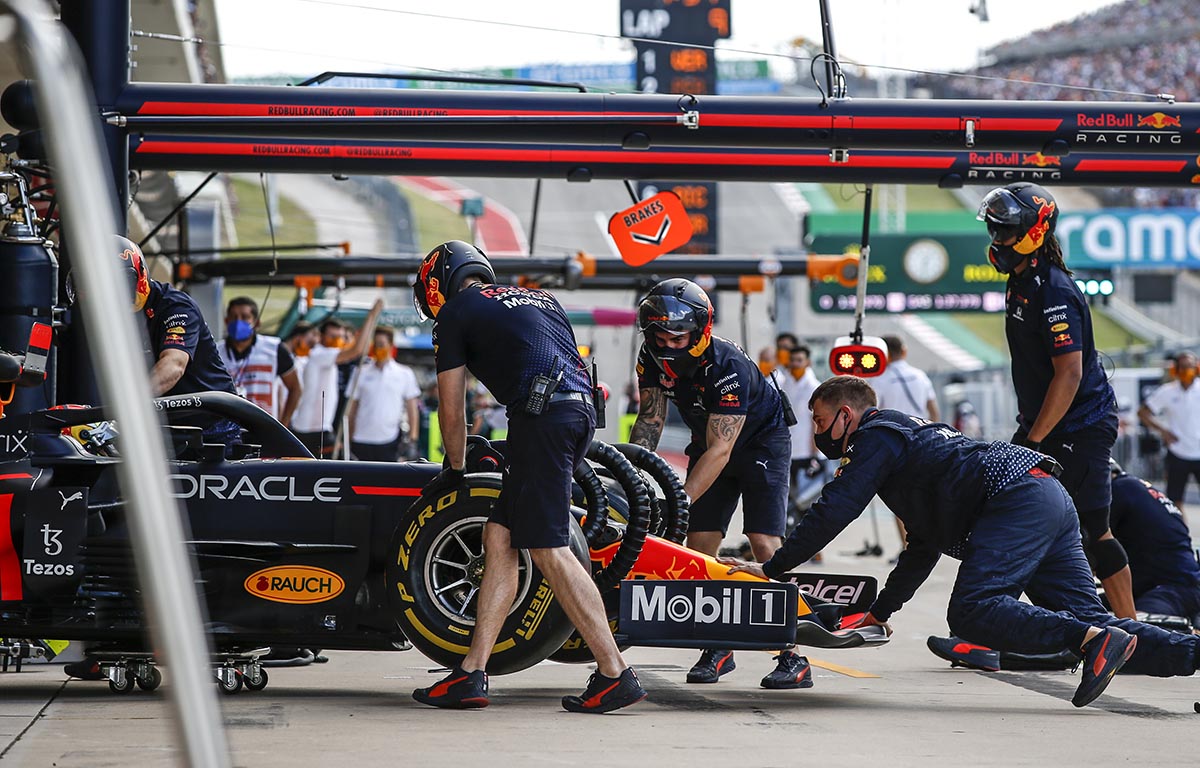 Sergio Perez is pushed back into the Red Bull garage at COTA. Austin October 2021