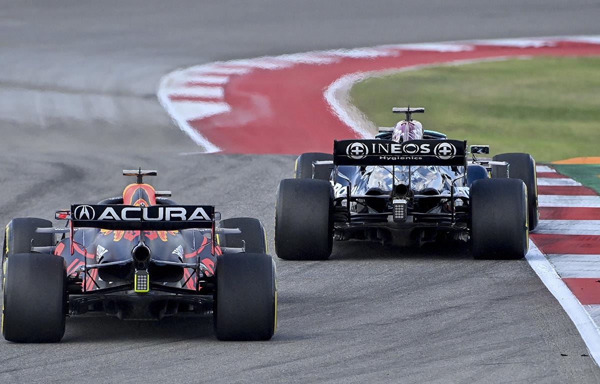 ewis Hamilton and Max Verstappen in action at COTA. Austin October 2021