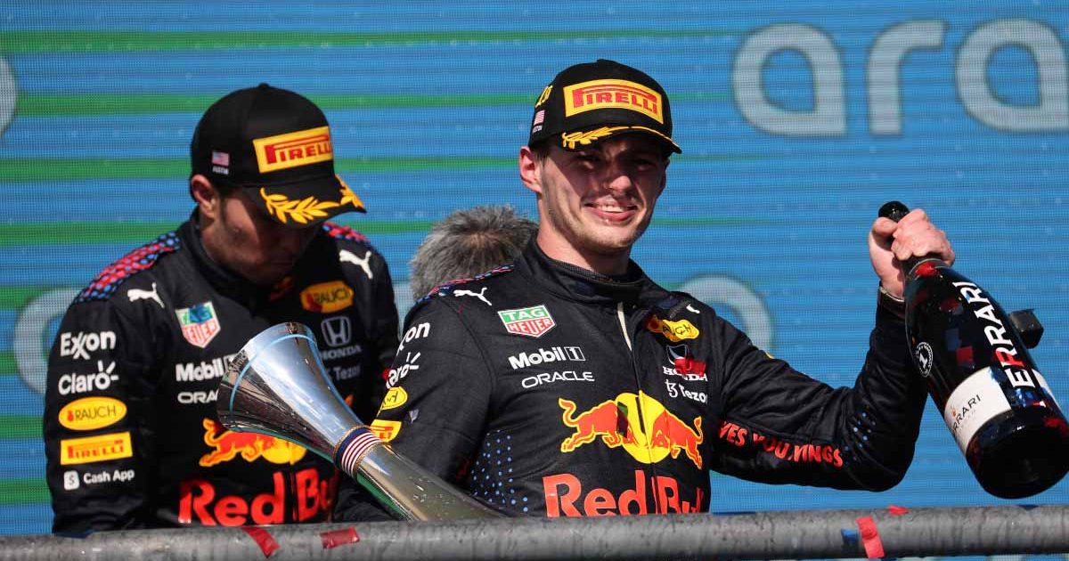 Red Bull drivers Max Verstappen and Sergio Perez. United States GP podium October 2021.