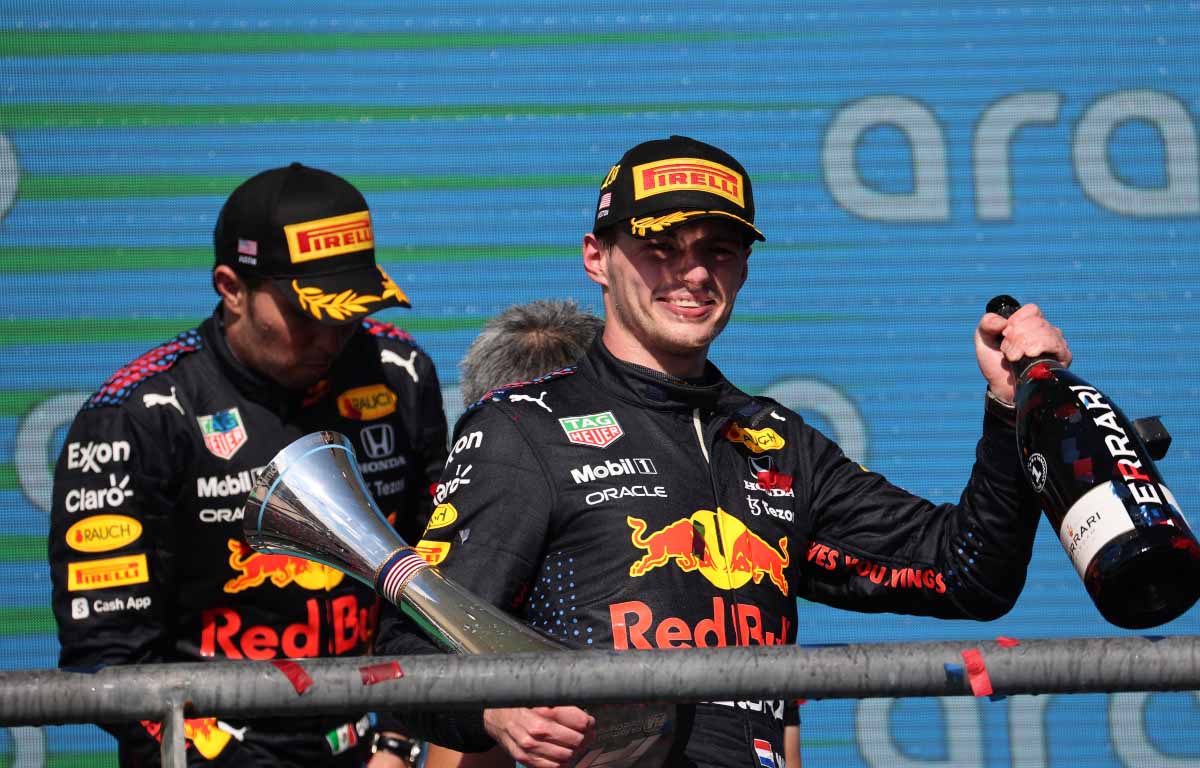 Red Bull drivers Max Verstappen and Sergio Perez. United States GP podium October 2021.