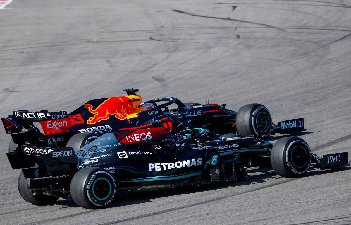 Max Verstappen's Red Bull and Lewis Hamilton's Mercedes during the US Grand Prix. Austin October 2021.