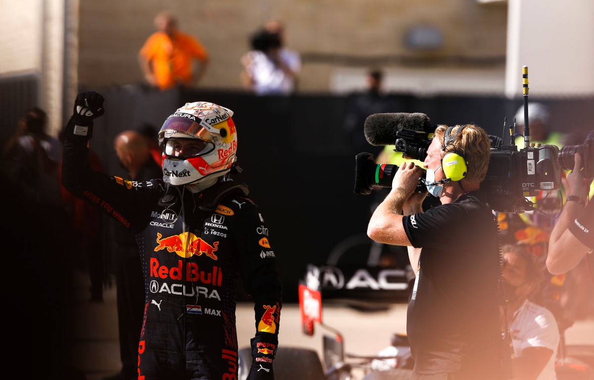 Max Verstappen raising his fist to the air. Austin October 2021