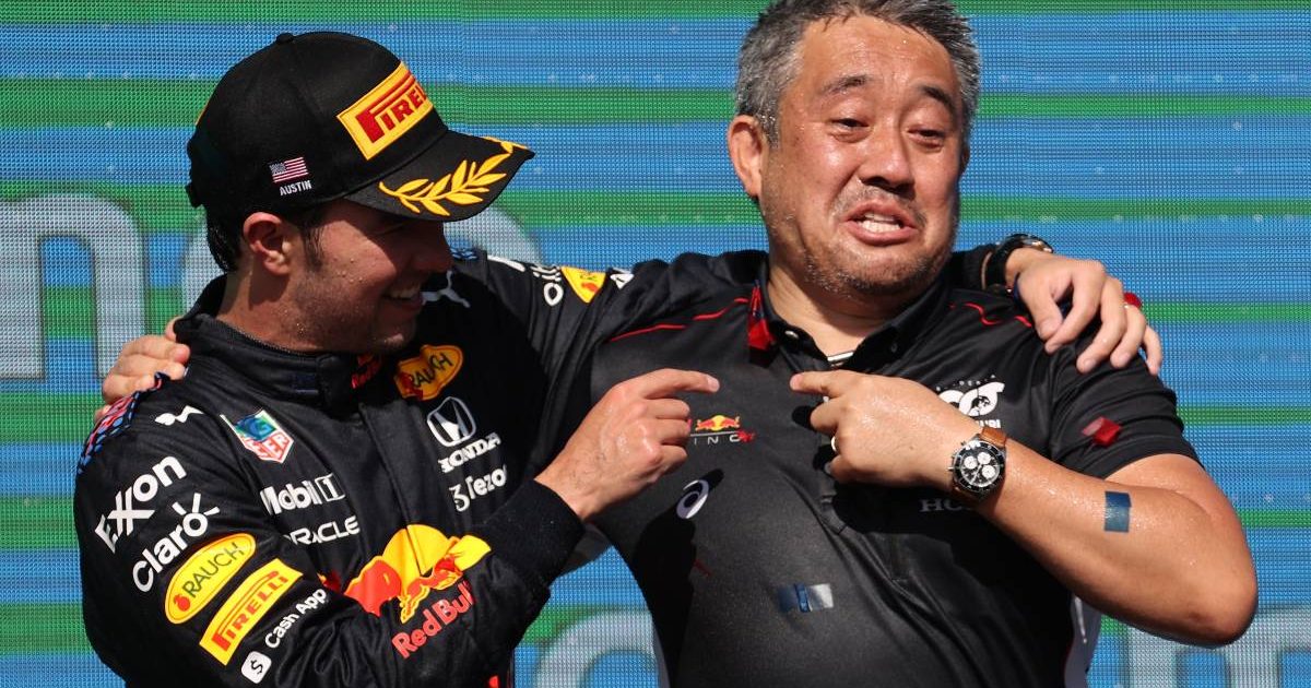 Sergio Perez and Masashi Yamamoto on the podium after the US Grand Prix. Austin October 2021.