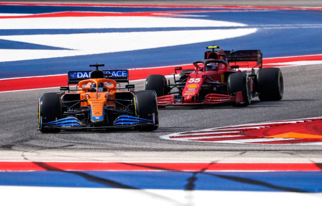 Daniel Ricciardo ahead of Carlos Sainz during the US Grand Prix weekend. Austin October 2021.