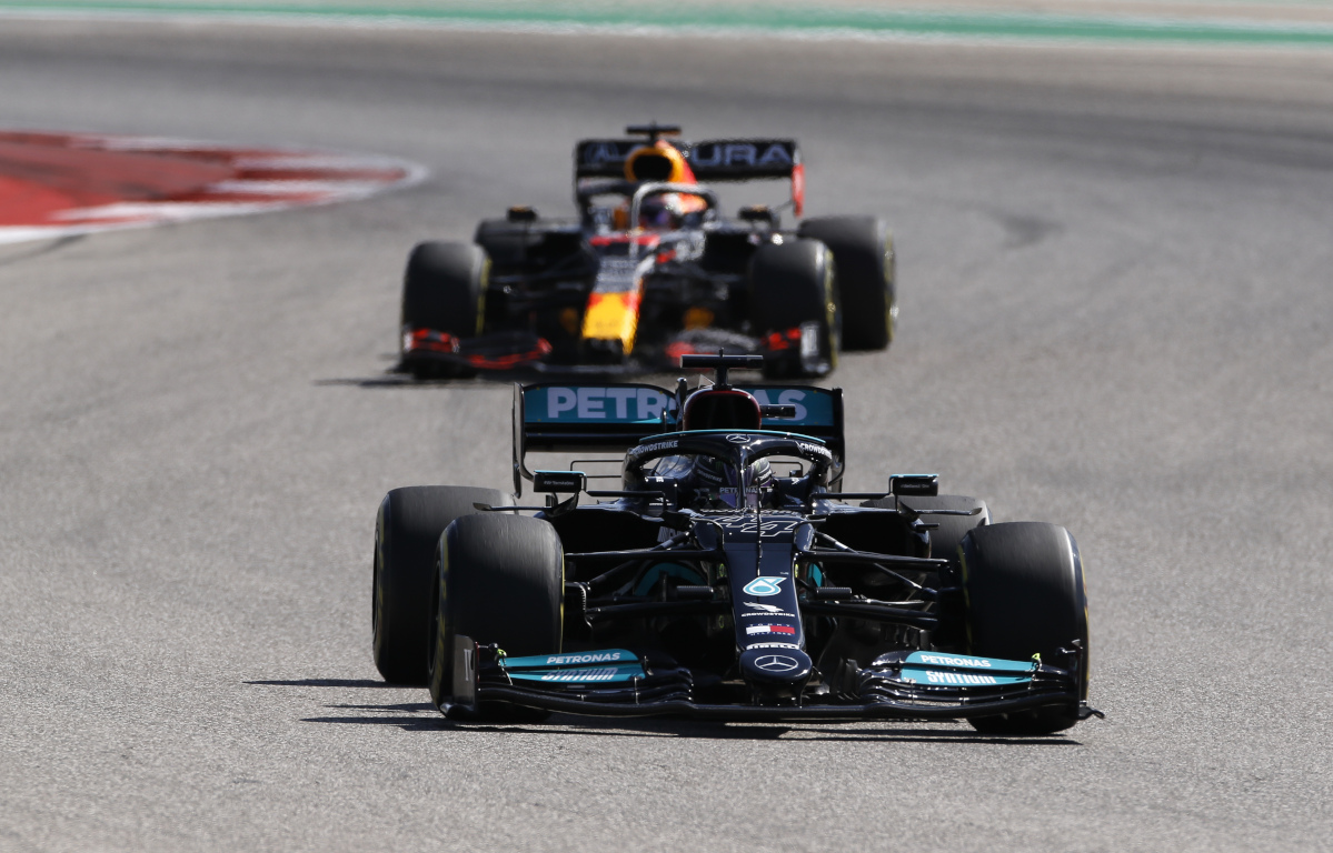 Mercedes driver Lewis Hamilton leads Max Verstappen. Austin October 2021